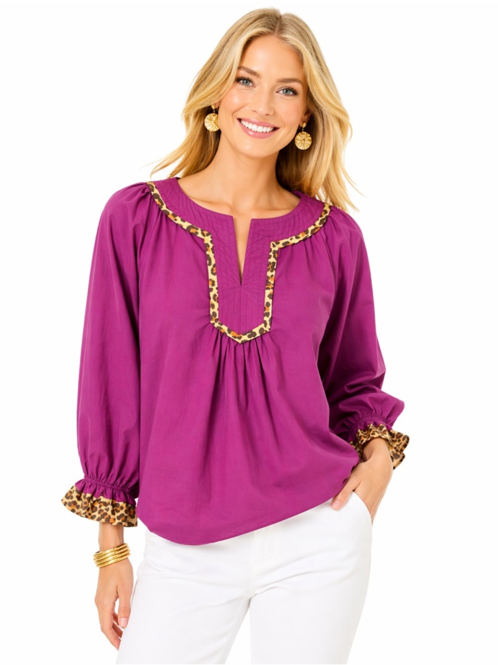 Umgee Boho Blouse M Plum Leopard Trim Cottagecore Peasant Top
